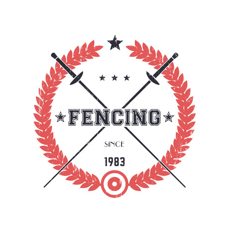 Fencing vintage emblem, logo, badge with crossed foils, over white, illustrationのイラスト素材