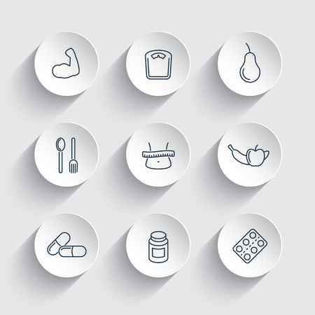 Diet, nutrition line icons on round 3d shapes, illustrationのイラスト素材