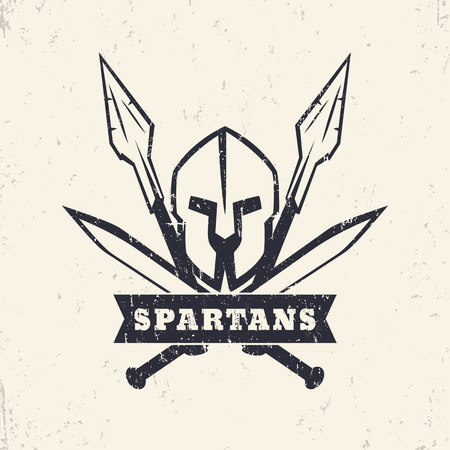 Spartans, grunge logo, emblem with helmet, crossed swords and spearsの写真素材