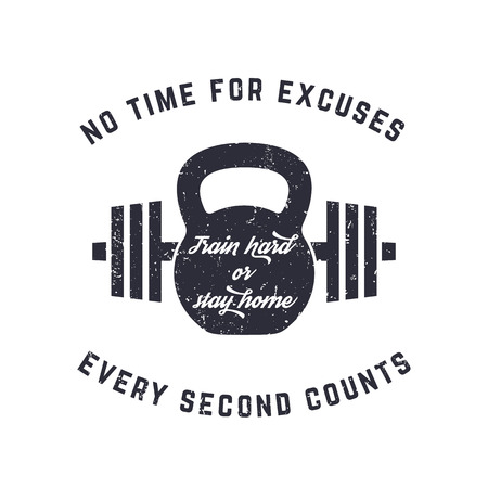 Train hard, vintage t-shirt design, print, kettlebell and barbell, with grunge texture, vector illustrationの写真素材