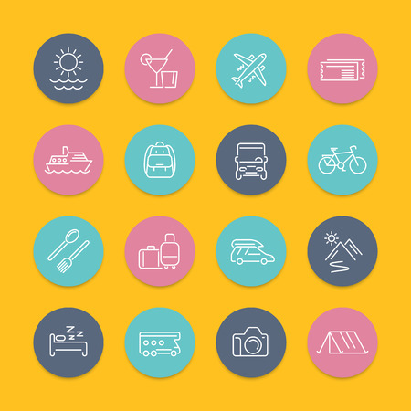 Travel, tourism, trip, tour line icons in color circles with shadowの写真素材