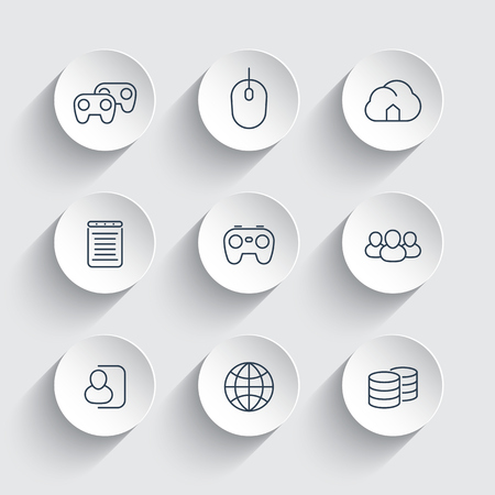 videogames, cooperative, multiplayer, gaming, line icons on round 3d shapesの写真素材