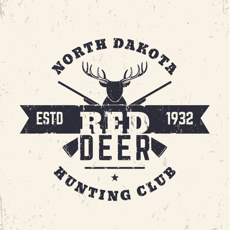 Deer Hunting Club Vintage logo, crossed rifles, guns, with grunge textureの写真素材
