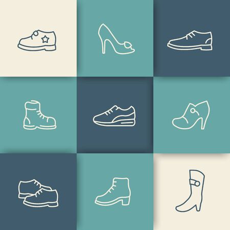 Shoes, heels, women shoes, boots, trainers, child shoes linear icons setの写真素材