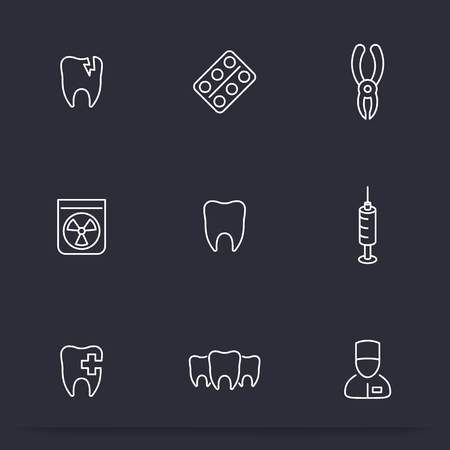 Tooth, dental care, dental pliers, toothcare, stomatology, line iconsの写真素材