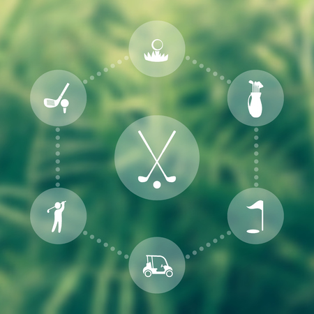 Golf, golf club, golf car, golfer, round white iconsの写真素材