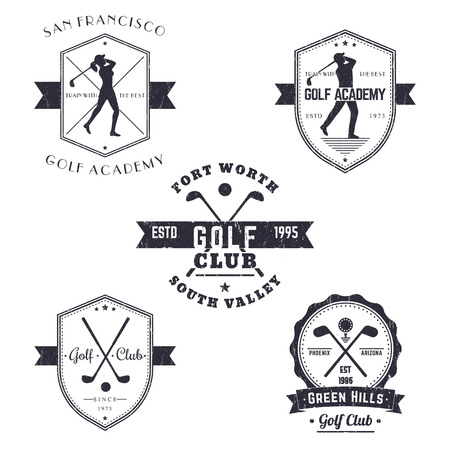 Golf Club, Golf Academy vintage emblems, logos, signs, golfer, crossed golf clubs and ball, with grunge textureの写真素材
