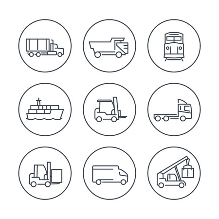 Transportation line icons in circles, Forklift, Cargo ship, Freight train, Cargo truckの写真素材