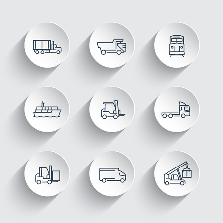 Transportation line icons on round 3d shapes, Forklift, Cargo ship, Freight train, Cargo truckの写真素材