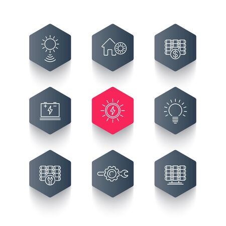 Solar energy, solar power, panels, hexagon line iconsの写真素材