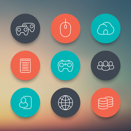 videogames, cooperative, multiplayer, gaming, linear round color icons setの写真素材