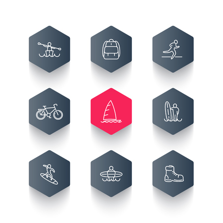 Travel, adventure, surfing, kayaking trip line hexagon iconsの写真素材