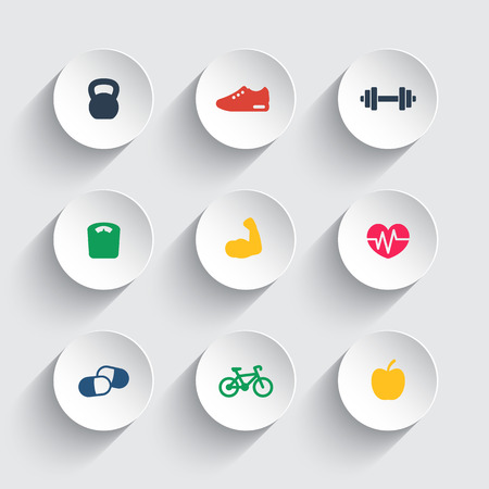 Fitness icons on round 3d shapesのイラスト素材