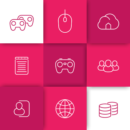 videogames, cooperative, multiplayer, home video game console, line icons on squaresのイラスト素材