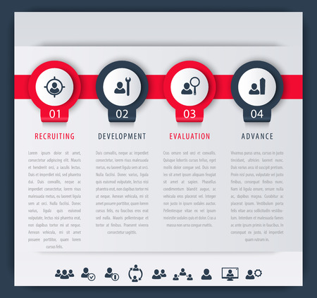Staff, HR, employee development steps, infographic elements, icons, timeline, vector illustration, easy to editのイラスト素材