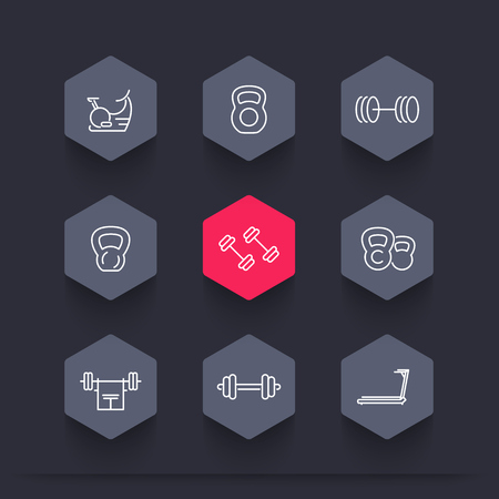 Gym equipment, line hexagon iconsのイラスト素材