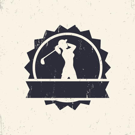 Golf sign, badge with female golf player, golfer swinging golf clubのイラスト素材