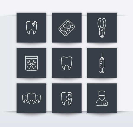 Teeth, dental pliers, tooth care, stomatology, line white iconsのイラスト素材