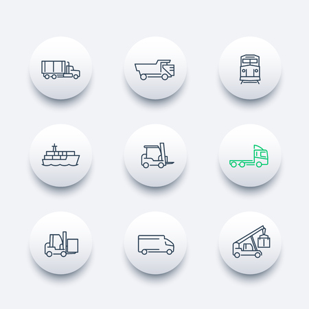 Transportation, line round modern icons, Cargo truck, Freight train, Forkliftのイラスト素材