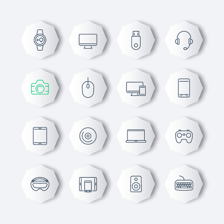 Modern gadgets line octagon icons set, vector illustrationのイラスト素材