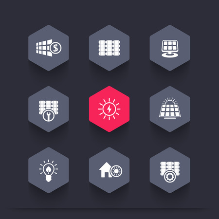 Solar energy, panels, alternative energetics, hexagon icons, vector illustrationのイラスト素材