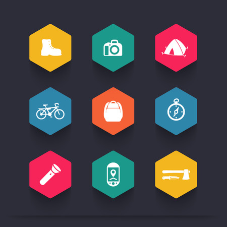 Hiking, Camping hexagon icons, vector illustrationのイラスト素材