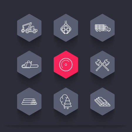Logging, Forestry, Timber, Tree Harvester, Sawmill, logging truck, line hexagon icons, vector illustrationのイラスト素材