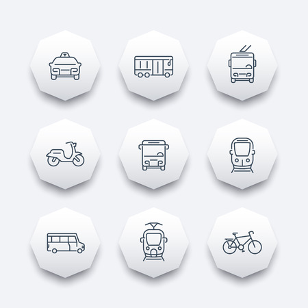 City transport, tram, train, bus, bike, taxi, trolleybus, line octagon icons, vector illustrationのイラスト素材