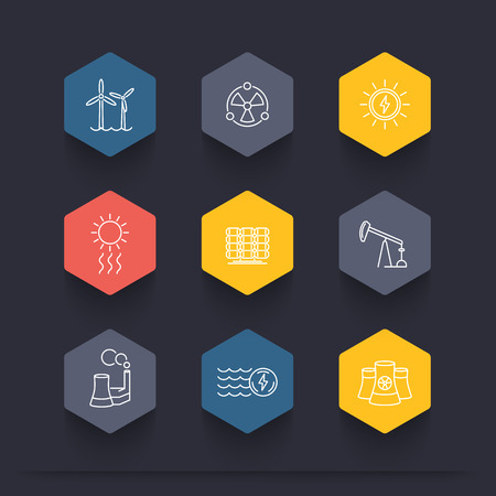 Power, energy production, energetics, electric industry, line  hexagon icons, vector illustrationのイラスト素材