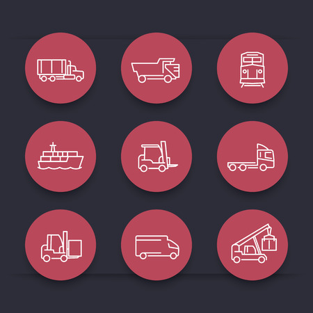 Transportation, line round red icons, Forklift, Cargo ship, Freight train, Cargo truck, vector illustrationのイラスト素材