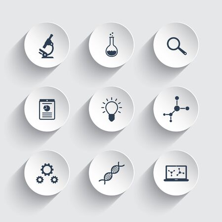 Science, research, laboratory icons on round 3d shapes, vector illustrationのイラスト素材