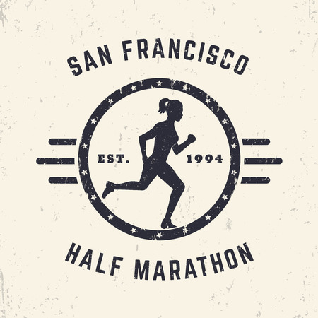 Half Marathon Vintage grunge logo, badge with running girl, vector illustrationのイラスト素材