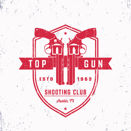 Gun club vintage grunge logo, emblem, badge with revolvers, guns on shield, vector illustrationのイラスト素材