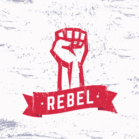 Rebel, grunge red t-shirt design, print, fist held high in protest, vector illustrationのイラスト素材