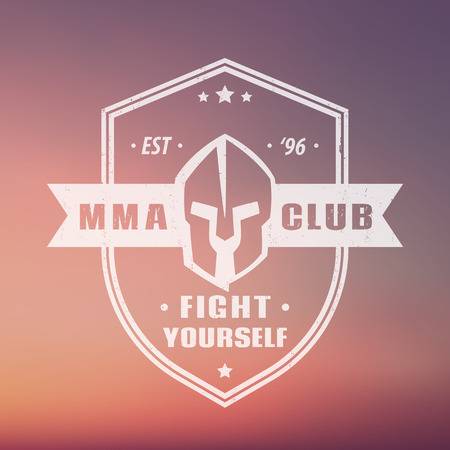 MMA Club vintage white logo with spartan helmet on shield, vector illustrationのイラスト素材