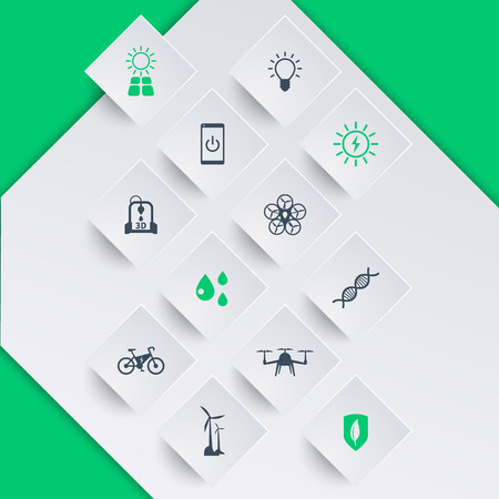 Green ecologic new technologies, icons on square shapes, vector illustration, eps10, easy to editのイラスト素材