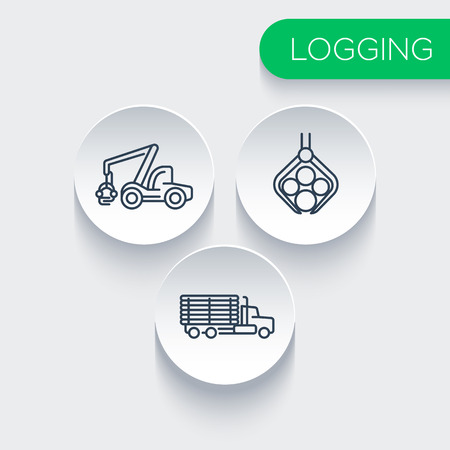 Logging, forestry, timber, tree harvester, logging truck line icons, vector illustrationのイラスト素材