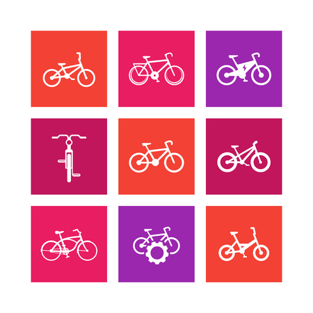 bicycle, cycling, bike, electric bike, fat-bike, bicycle repair service square icons on white, vector illustrationのイラスト素材