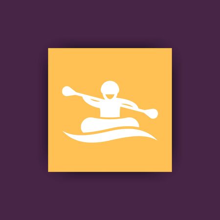 Rafting, man in boat, rowing, oarer square flat icon, vector illustrationのイラスト素材