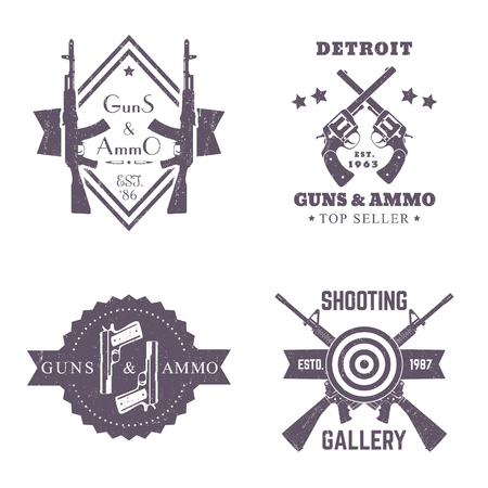 guns and ammo, vintage logos set, badges with automatic rifles, crossed revolvers, two pistols, shooting gallery logo, sign with assault rifles on whiteのイラスト素材