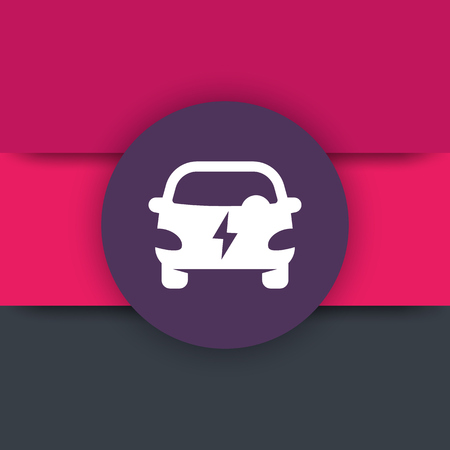 electric car round flat icon, EV, electric vehicle icon, ecologic automobile, clean transport, vector illustrationのイラスト素材
