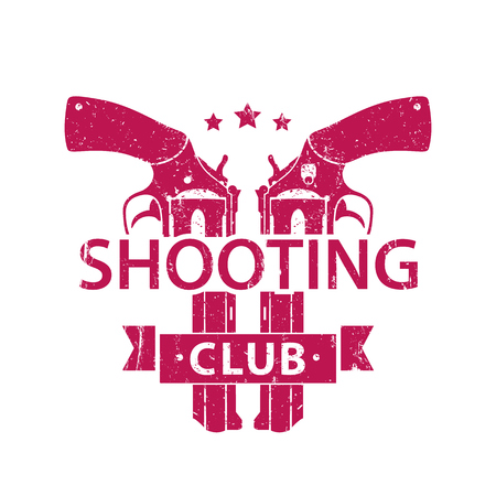 Shooting Club, emblem, logo, sign with crossed revolvers, handguns, red on white, vector illustrationのイラスト素材