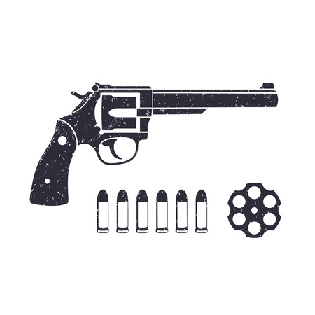 Old revolver, handgun, cylinder of revolver, cartridge, bullets, gun isolated on white, vector illustrationのイラスト素材
