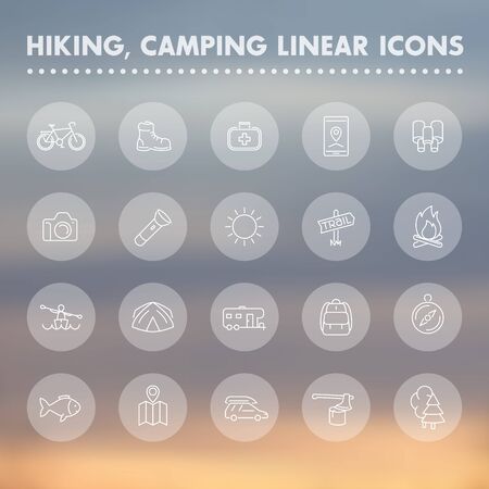 Hiking, camping, outdoor line icons, hiking boot, flashlight, tent, map, kayak, pictograms, transparent linear icons set, illustrationのイラスト素材