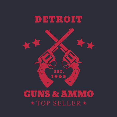 Detroit guns and ammo sign, emblem with two revolvers, red on dark, vector illustrationのイラスト素材