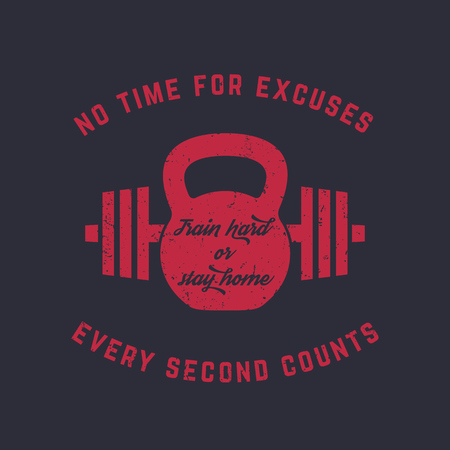 Train hard, vintage gym t-shirt design, print, kettlebell and barbell, red on dark, vector illustrationのイラスト素材