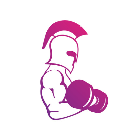 strong spartan athlete with dumbbell isolated on white, logo for gym or fitness club, vector illustrationのイラスト素材