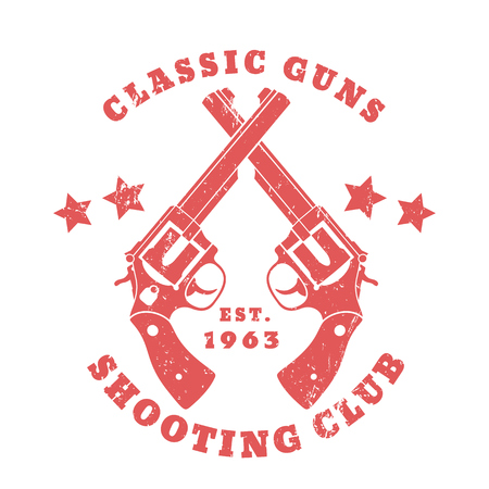 Classic Guns logo, print with revolvers, red on white, vector illustrationのイラスト素材