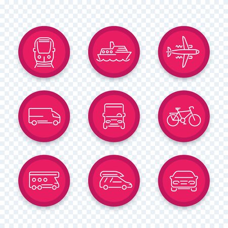Transport line icons, train, plane, ship, car, van, bus, vector illustrationのイラスト素材