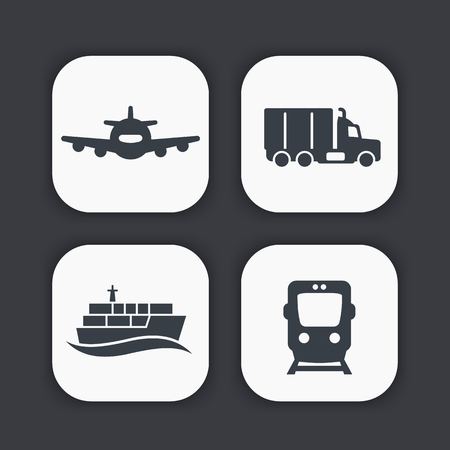 transportation industry icons, truck, cargo train, air transportation, maritime transportのイラスト素材